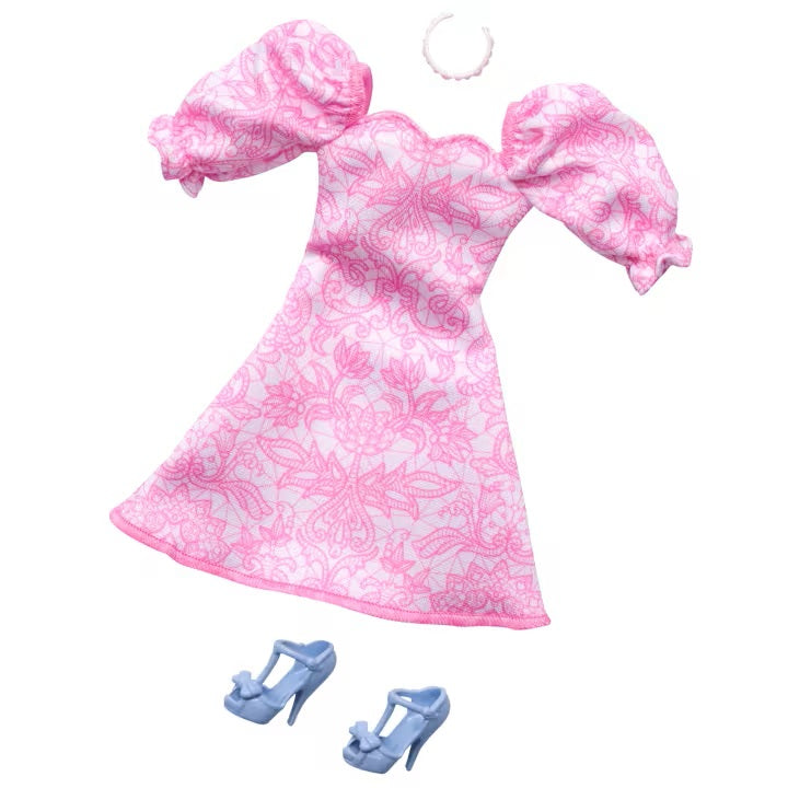 Mattel Barbie: Fashion Pack - Roza obleka z modrimi visokimi petami (HRH40)